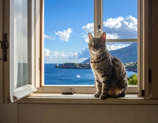 Cat at window, ocean view
