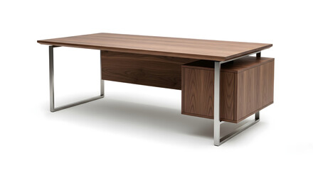 Minimalist dark wood executive desk with sleek chrome legs and storage drawers, modern office furniture for a professional business workspace
