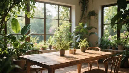 Sunlit indoor dining area with wooden table, potted plants, and large windows overlooking greenery