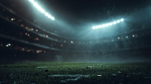 Empty soccer stadium at dusk with glowing floodlights and green turf showing subtle confetti remnants.