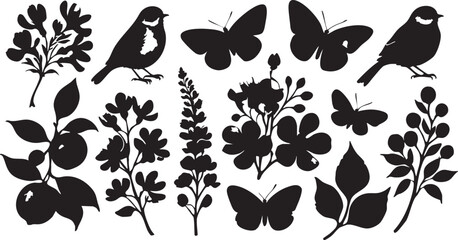 Black silhouette vector: birds, butterflies, flowers and branches illustration eps