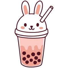 Adorable bunny cup of bubble tea with straw and dark tapioca pearls. Sweet kawaii drink illustration for fun lifestyle and creative design.