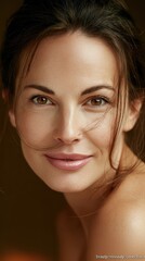 Fototapeta premium Woman smiling during professional studio photoshoot, showcasing glowing skin and glossy hair. Elegant portrait capturing natural beauty and self assured confidence
