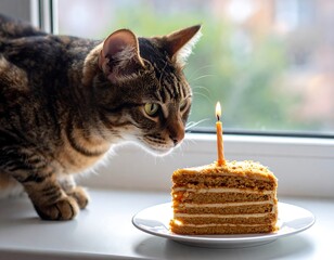 Cat looking at a birthday cake