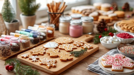 Christmas cookies and icing tools arranged on rustic wooden holiday kitchen table. cookie decorating station with various icing tubes, sprinkles, and cookie shapes ready for decorating