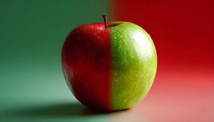 Close-up of an apple in vibrant red and green colors, with a blurred background.