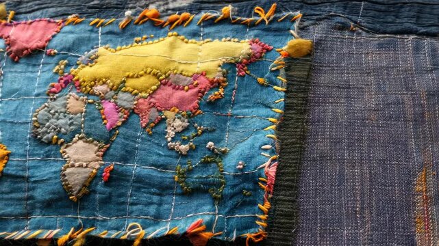 This unique fabric piece features a colorful hand-stitched world map, highlighting various continents and countries with intricate details and vibrant colors.