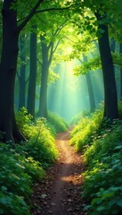 Sun-dappled forest path, lush green foliage, dappled light filtering through the canopy, creating a magical atmosphere Perfect for fantasy, nature, and fairytale projects , woods, ground, vibrant