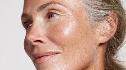 Obraz premium Senior woman smiling confidently, gray hair framing weathered face, expressing self acceptance and inner radiance, embodying wisdom gained through life experiences