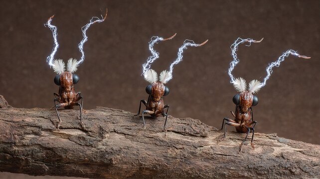 Fantastically shaped treehoppers with electrical charge visualizations surrounding their uniquely evolved bodies