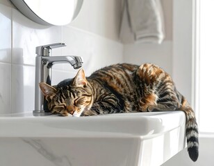 Cat sleeping on bathroom sink