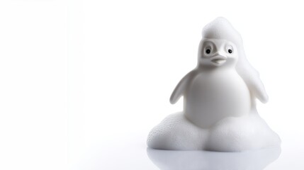 Plastic penguin bath toy covered in foamy soap suds, standing against pristine white background, bringing playful bathing scene with room for design elements