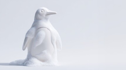 White penguin shaped soap dispenser standing on pristine surface, covered in thick foam, embodying minimalist cleanliness against stark white background with open space