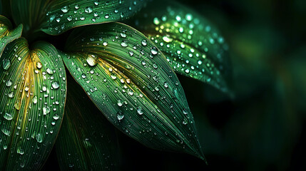 Fototapeta premium Close - up of Leaves After Rain: Natural Ecological Beauty Embellished by Dewdrops