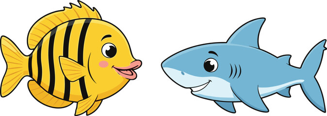 Cute cartoon fish and smiling shark illustration, underwater sea animals drawing, funny ocean characters, marine wildlife artwork for kids, adorable design