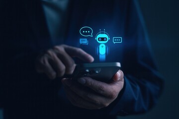 User interacting with AI chatbot on smartphone,concept of artificial intelligence assistant,digital customer service,automated reply system,and conversational interface