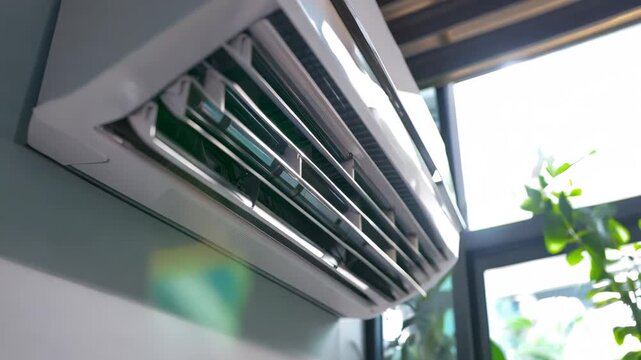 A sleek modern air conditioning unit shown in a bright indoor setting, highlighting its stylish design and emphasis on comfort and energy efficiency.
