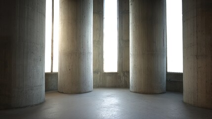 Vast architectural space with smooth concrete columns and diffused natural light, symmetrical and minimalist.
