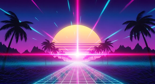Synthwave scene featuring palm trees, a grid road, a sunset, and pink and blue neon laser beams - Powered by Adobe