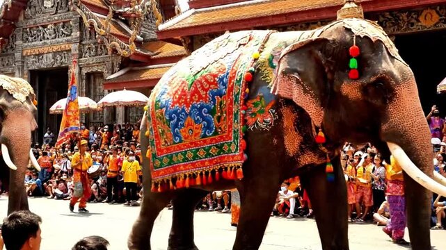 A festival parade with elephants painted in colors