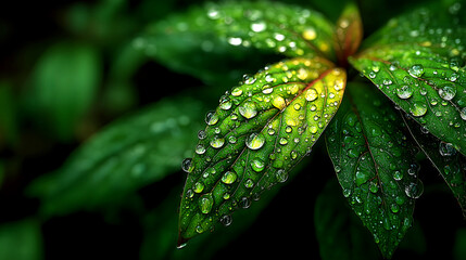 Close - up of Green Leaves with Dewdrops: Freshness and Vitality of Plants After Rain