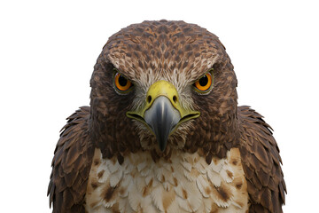 Naklejka premium close-up of eagle head, fierce hunting raptor bird with sharp eyes isolated on transparent PNG background