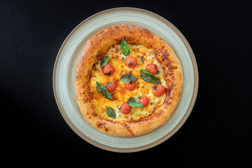 Pizza Perfection: A culinary masterpiece, a delectable pizza with fresh tomatoes and basil. The pizza's crust is a golden brown, perfectly framing a cheesy interior. Every ingredient sings in harmony.