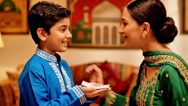 A child receiving Eidi (money gift) from elders