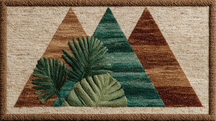 Beige rug with brown and teal triangles, tropical leaves