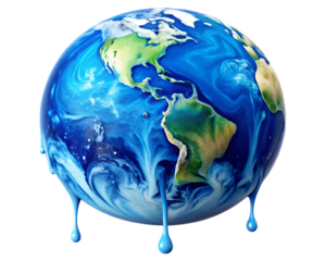 Blue and white planet with a blue liquid dripping from it isolated on white background ,PNG. AI Generated.