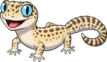Cute cartoon gecko illustration, happy reptile drawing, lizard character with big blue eyes, exotic animal design, funny wildlife, children’s education