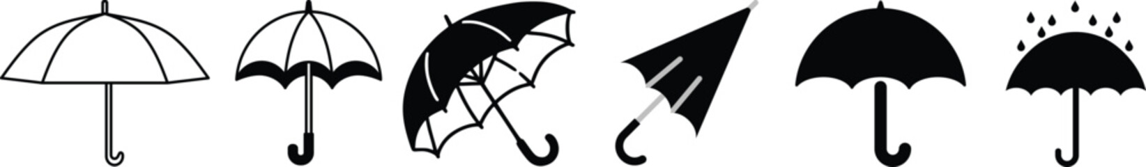 Vector umbrella vector icon set illustration, rain protection, weather forecast, monsoon season, open umbrella clipart.Striped beach umbrella icon black and white simple design.Beach umbrella