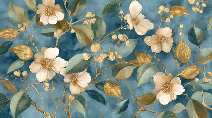 botanical wallpaper with cream flowers and teal leaves elegant floral mural with gold accents on blue