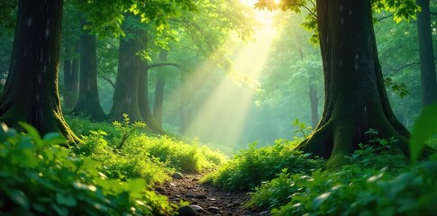 Obraz premium Sunlight filters through lush green canopy as gentle rain falls on vibrant forest floor, creating a magical atmosphere of tranquility and renewal , plants, soil