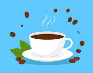 Obraz premium Hot Coffee Cup with Beans and Leaves