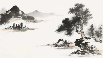 Traditional ink wash landscape painting featuring misty mountains, trees, and a serene water body