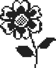 Obraz premium Pixelated flower illustration with stem and leaves retro digital art, monochrome black and white floral graphic design