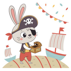 Vector art of a cute bunny pirate with eye patch holding a treasure chest on a sandy beach with ships and colorful flags