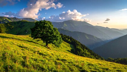 Lush green mountain landscape with a single tree under a vibrant sky at sunset.