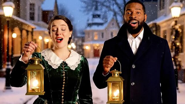 Carol singers in vintage clothing holding lanterns