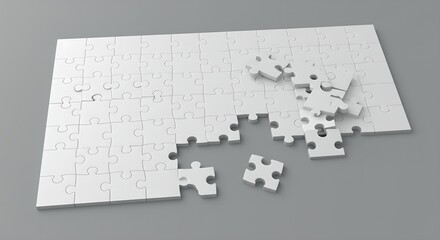 Blank white jigsaw puzzle mockup with missing pieces on grey background