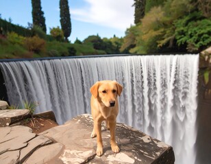 Dog by a waterfall
