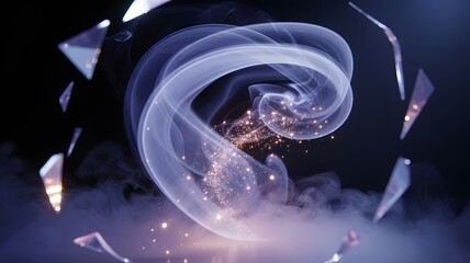 Abstract swirling light trails and smoke with shattered glass fragments