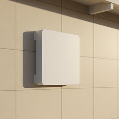 Blank square wall sign mockup on modern building exterior with natural sunlight