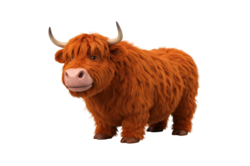 Charming cartoon highland cow with round body and fluffy orange fur, isolated on white background for children’s books, mascot art, and farm designs