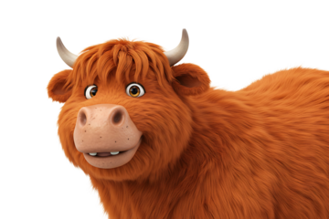 Happy cartoon highland cow with big smile and shaggy orange fur, isolated on white background for mascot, kids’ design, and playful illustrations.