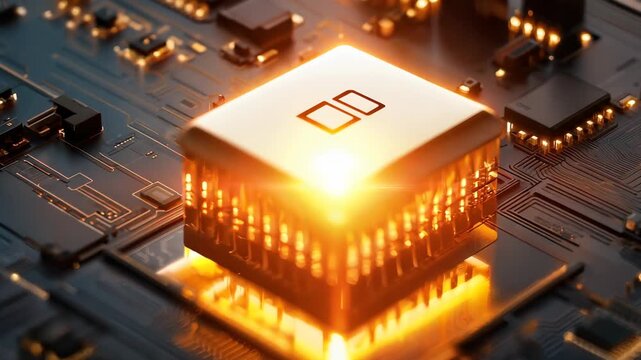 A stunning microchip illuminated against a dark background, showcasing intricate circuitry and binary code, symbolizing innovation and technological advancement.