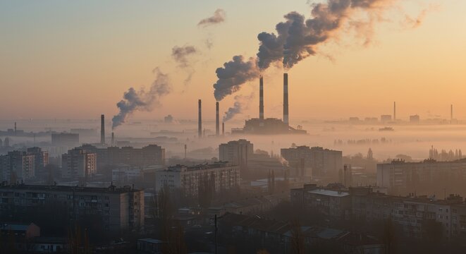 A hazy urban landscape, dominated by industrial smokestacks, emitting plumes of pollution into a foggy morning sky.