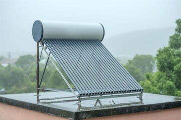 Solar water heater on rooftop in rain. Sustainable lifestyle obstacle
