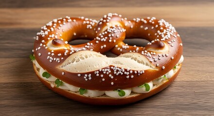 Delicious pretzel sandwich on wooden surface.